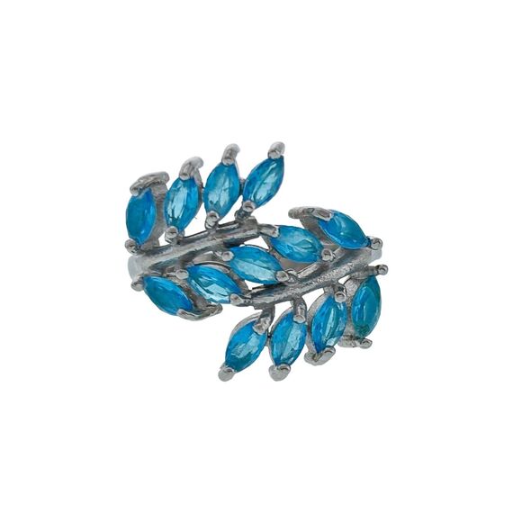 Vintage Sterling Silver 925 Three Row Blue Marquis Cubic Zirconia Ring Size 6 - Picture 1 of 9